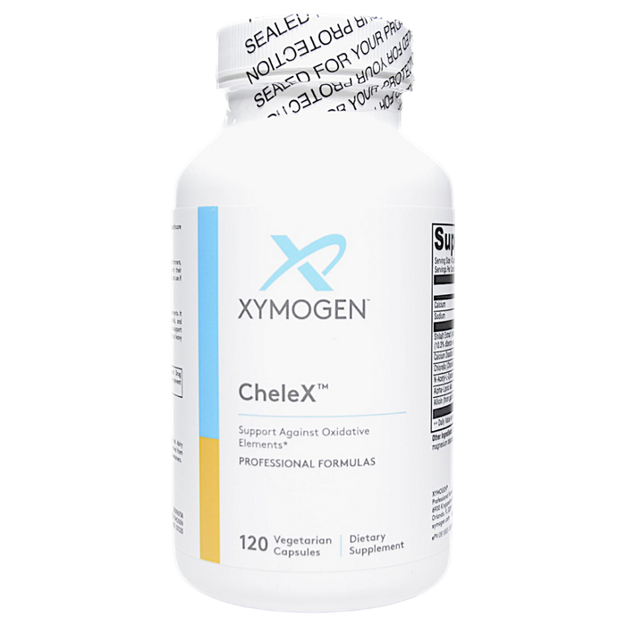 Bottle of Xymogen's CheleX 120 capsules
