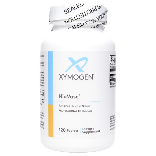 Bottle of Xymogen's NiaVasc 120 tablets
