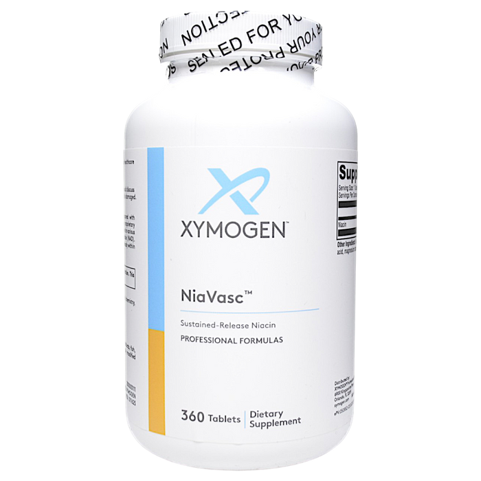Bottle of Xymogen's NiaVasc 360 tablets