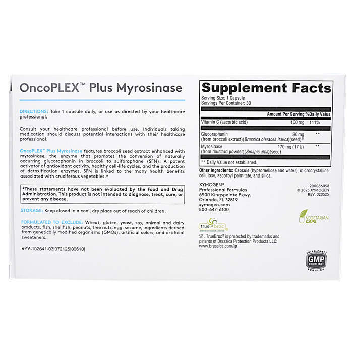 Xymogen's OncoPLEX Plus Myrosinase 30 Capsules supplement facts