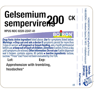 Supplement facts Gelsemium sempervirens 200CK 80 plts