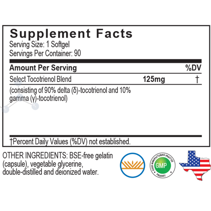 A.C. Grace Unique E High Delta Select Tocotrienol Concentrate 90 softgels supplement facts label
