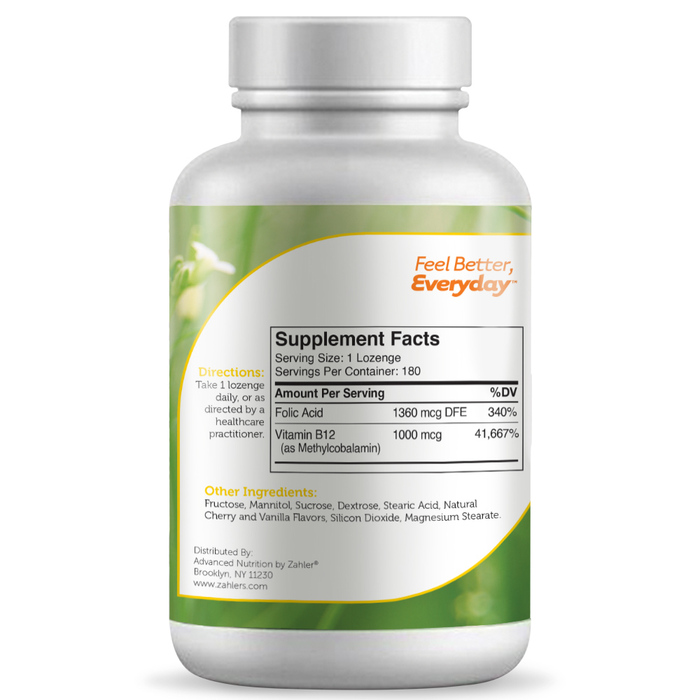 Advanced Nutrition by Zahler B12 Energizer 180 lozenges supplement facts label