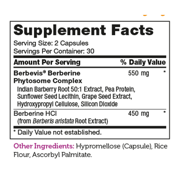 Advanced Nutrition by Zahler Berberine 60 capsules supplement facts label