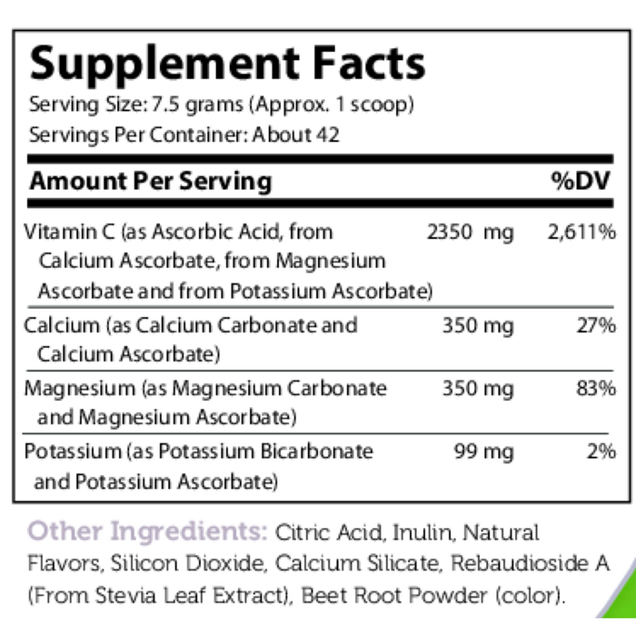 Advanced Nutrition by Zahler Buffered C Powder 11 oz supplement facts label