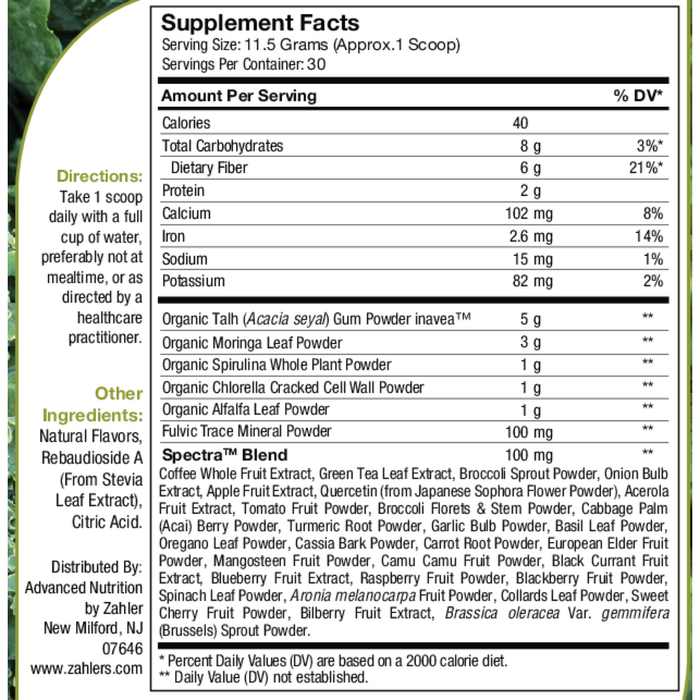 Advanced Nutrition by Zahler CoreGreens Powder 12.2 oz supplement facts label
