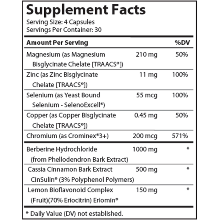 Advanced Nutrition by Zahler Diabetter 120 capsules supplement facts label