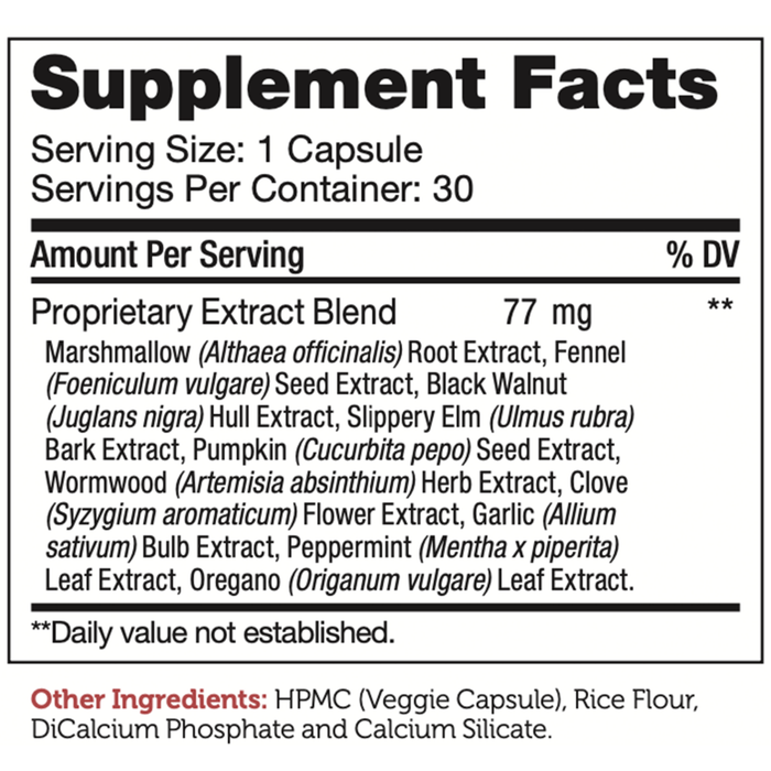 Advanced Nutrition by Zahler ParaGuard 30 capsules supplement facts label