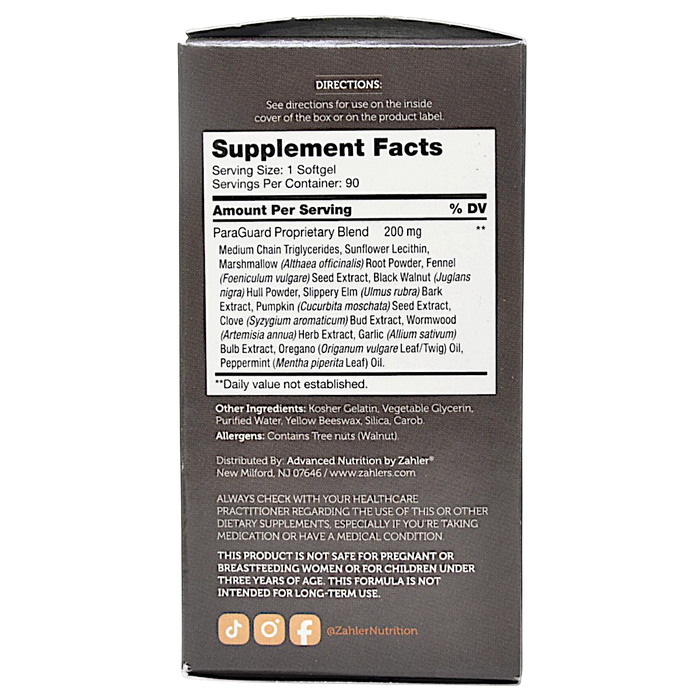 Advanced Nutrition by Zahler Paraguard 90 softgels supplement facts label