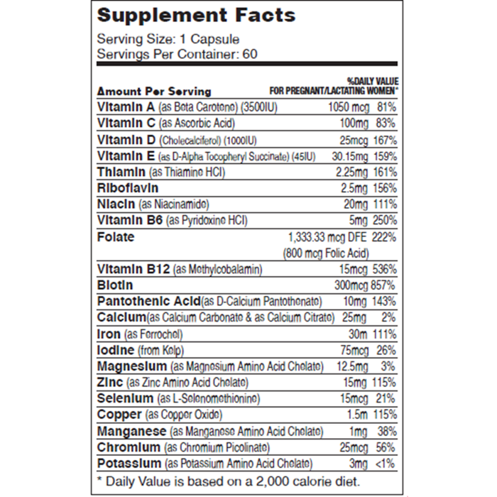 Advanced Nutrition by Zahler Total One Prenatal 60 capsules supplement facts label