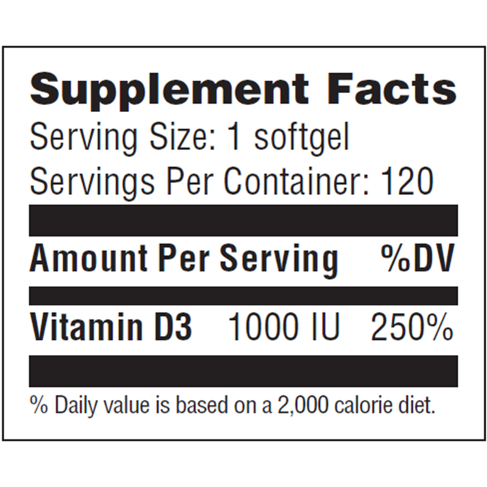 Advanced Nutrition by Zahler Vitamin D3 1000 IU 120 softgels supplement facts label