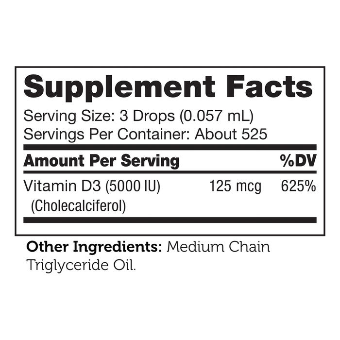 Advanced Nutrition by Zahler Vitamin D3 5000 IU Liquid 1 fl oz supplement facts label