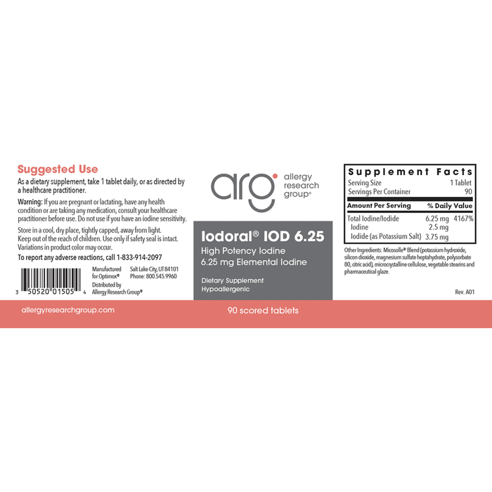 Allergy Research Group Iodoral 6.25 mg 90 tablets full label