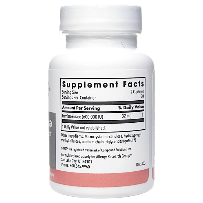 Allergy Research Group Lumbrokinase 32 mg 60 capsules supplement facts label