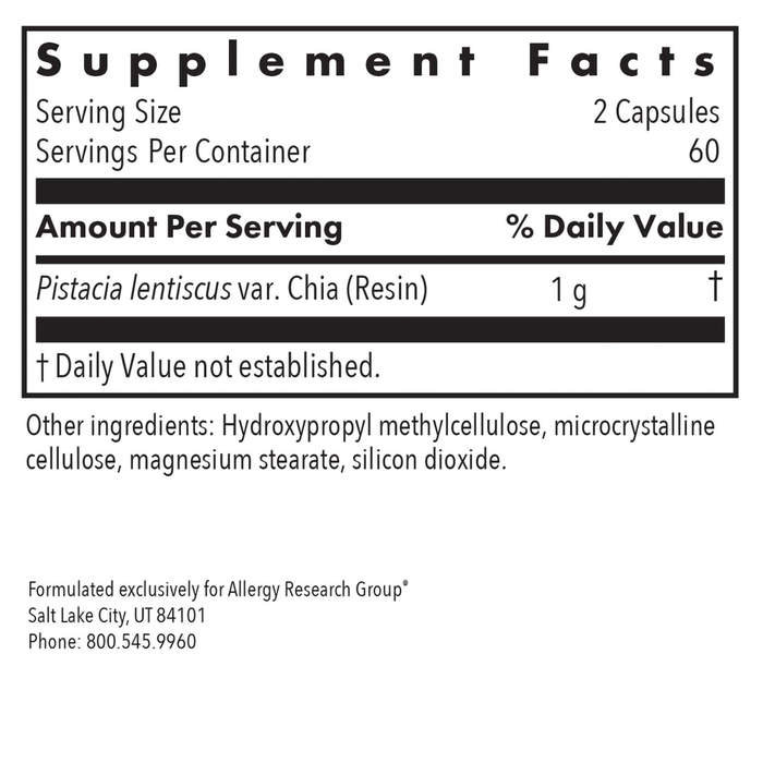 Allergy Research Group Mastica 120 capsules supplement facts label