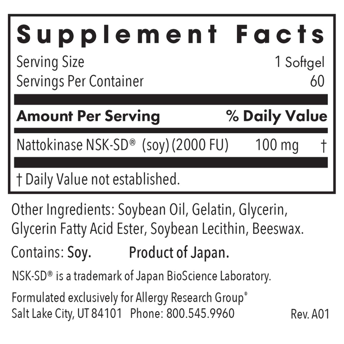 Allergy Research Group Nattokinase 100 mg 60 softgels supplement facts label