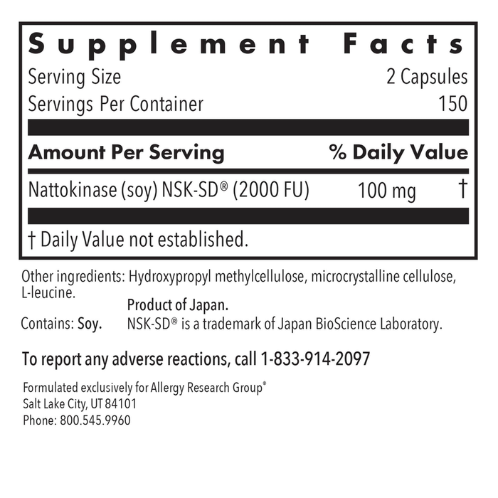 Allergy Research Group Nattokinase 50 mg 300 capsules supplement facts label