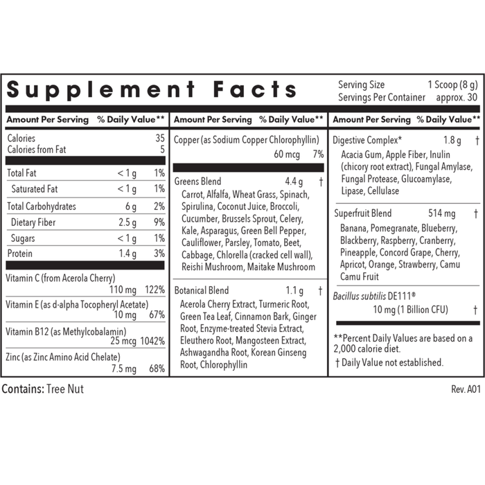 Allergy Research Group Super Greens 8.45 oz supplement facts label