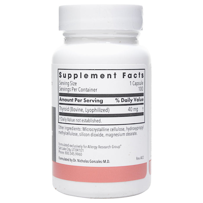 Allergy Research Group Thyroid Natural Glandular 100 vegetable capsules supplement facts label