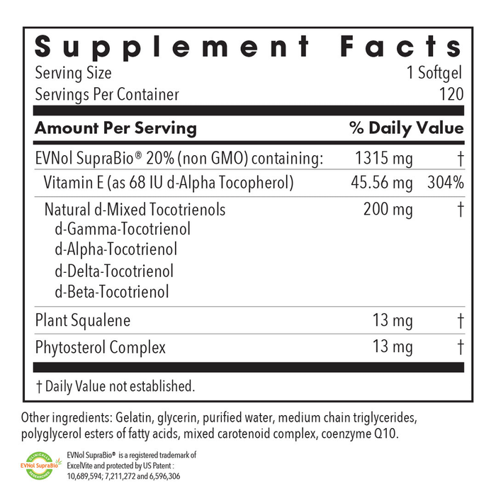 Allergy Research Group Tocomin SupraBio Tocotrienols 200 mg 120 softgels supplement facts label