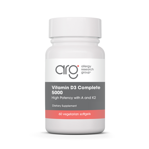 Allergy Research Group Vitamin D3 Complete 5000 High Potency with A and K2, 60 vegetarian softgels, front of bottle