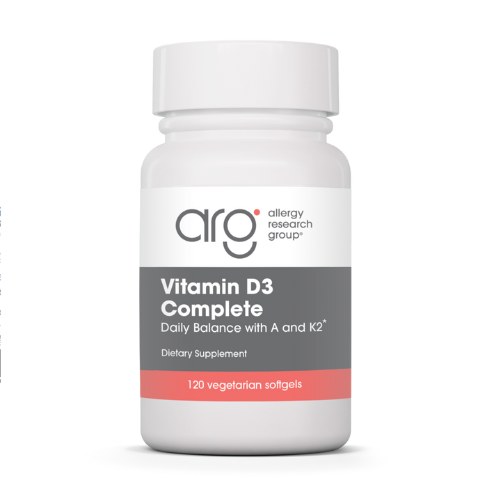 Allergy Research Group Vitamin D3 Complete Daily Balance with A and K2, 120 vegetarian softgels, front of bottle