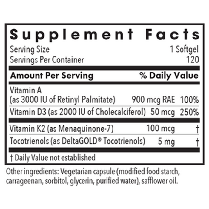 Allergy Research Group Vitamin D3 Complete Daily Balance with A and K2 120 vegetarian softgels supplement facts label