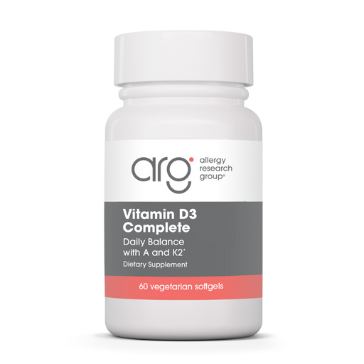 Allergy Research Group Vitamin D3 Complete Daily Balance with A and K2, 60 vegetarian softgels, front of bottle