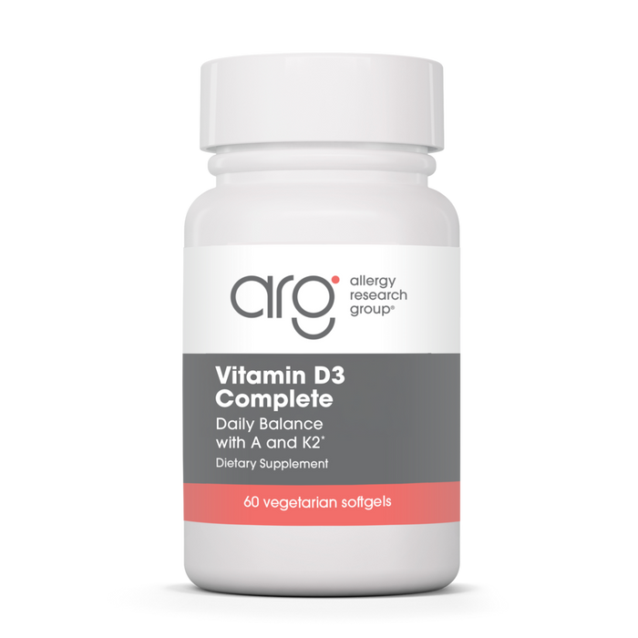 Allergy Research Group Vitamin D3 Complete Daily Balance with A and K2, 60 vegetarian softgels, front of bottle