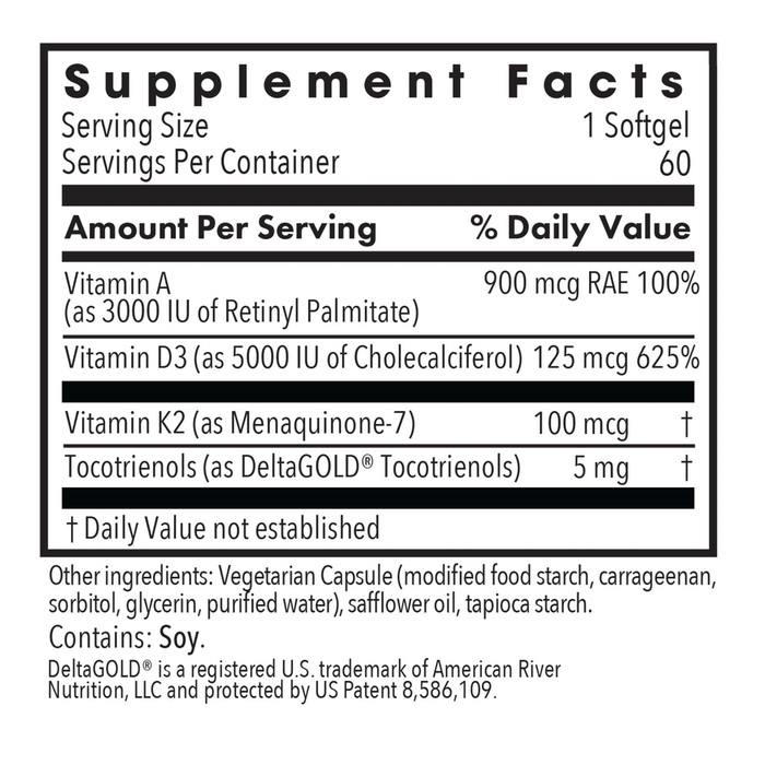 Allergy Research Group Vitamin D3 Complete Daily Balance with A and K2 60 vegetarian softgels supplement facts label
