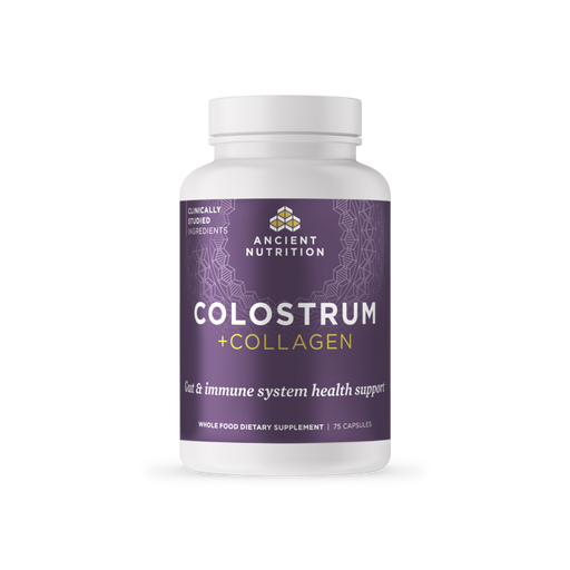 Ancient Nutrition Colostrum + Collagen, 75 capsules, front of bottle