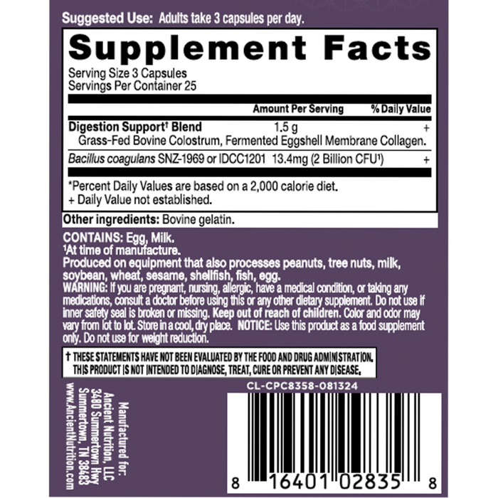 Colostrum + Collagen 75 capsules by Ancient Nutrition, Supplement Facts label