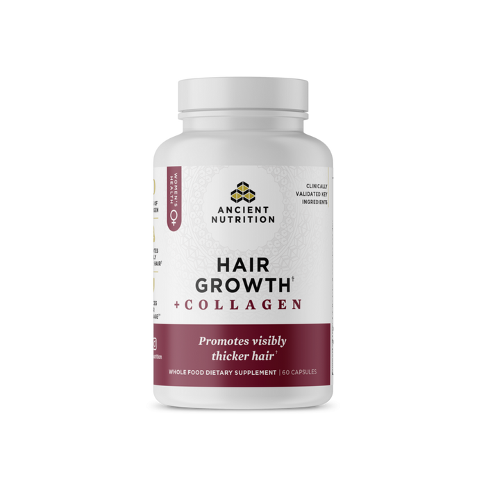 Ancient Nutrition Hair Growth + Collagen, 60 capsules, front of bottle