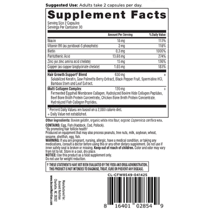 Ancient Nutrition Hair Growth + Collagen 60 capsules supplement facts label