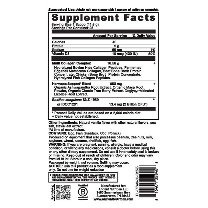 Ancient Nutrition Hormone Balance + Collagen 10.4 oz supplement facts label