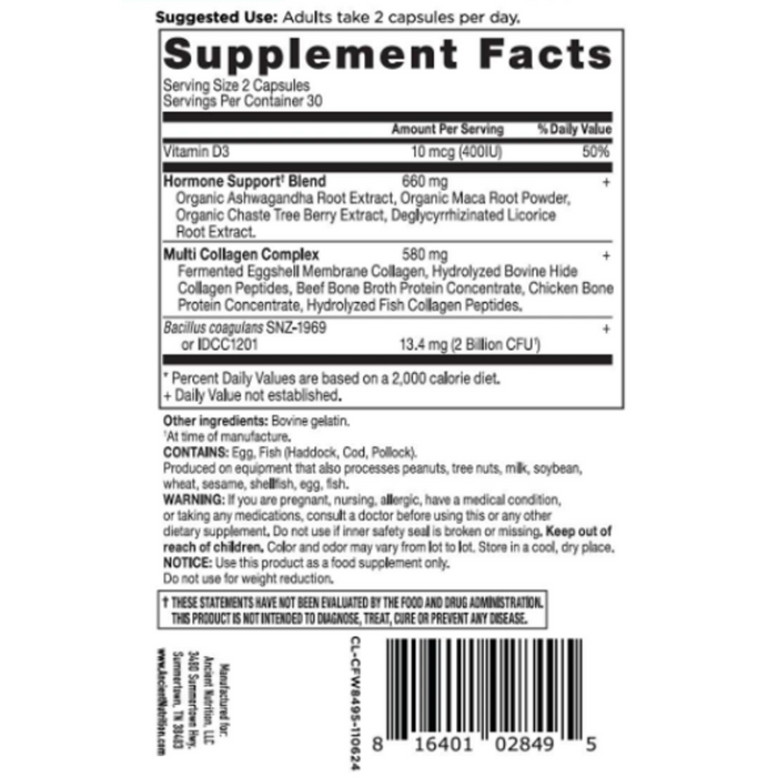 Ancient Nutrition Hormone Balance + Collagen 60 capsules supplement facts label