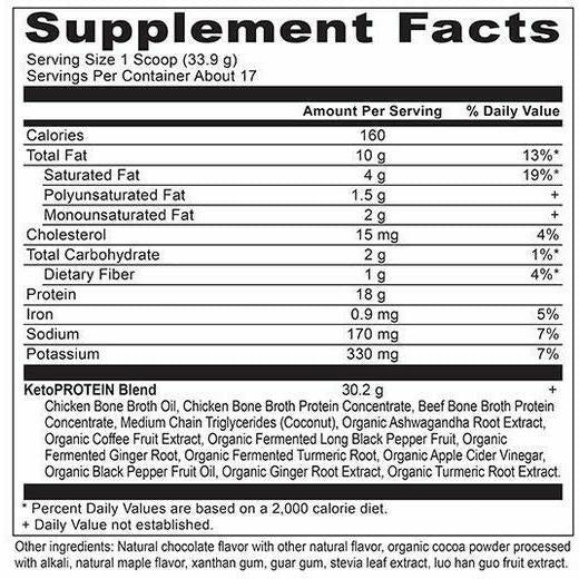 Ancient Nutrition Keto Protein Chocolate 17 servings supplement facts label 2