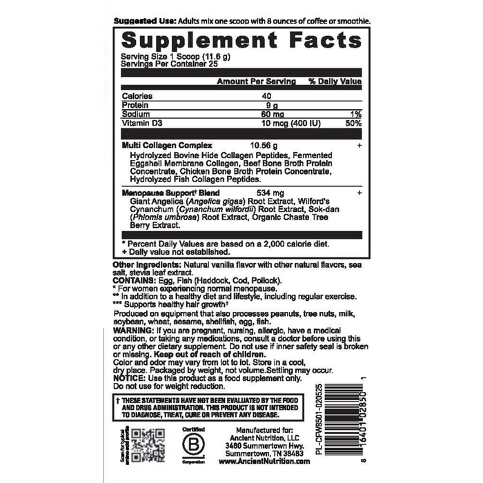 Ancient Nutrition Menopause Support + Collagen 10.2 oz supplement facts label