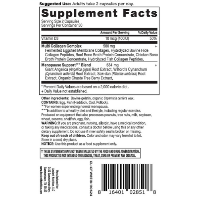 Ancient Nutrition Menopause Support + Collagen 60 capsules supplement facts label