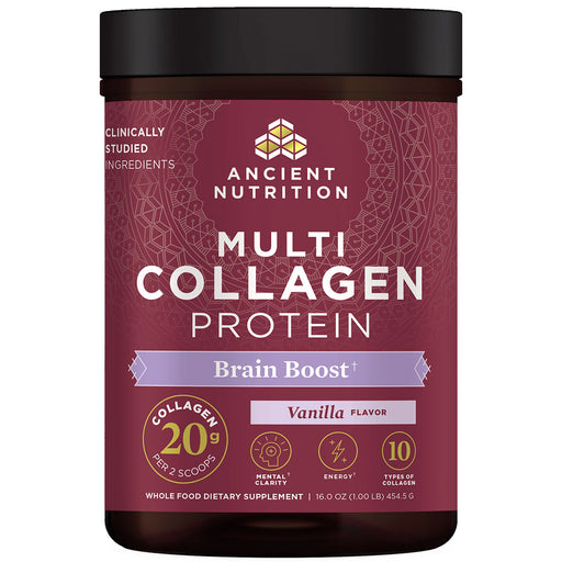 Ancient Nutrition Multi Collagen Protein Brain Boost Powder Vanilla, 16 oz, front of jar