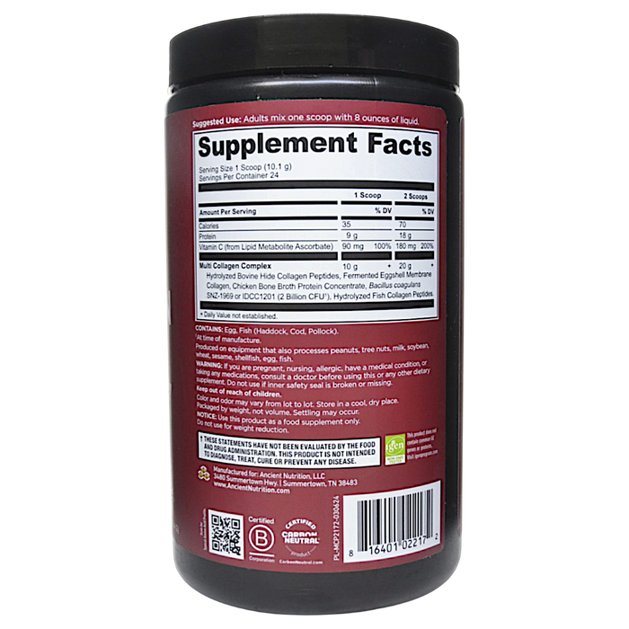 Ancient Nutrition Multi Collagen Protein Powder 8.6 oz supplement facts label