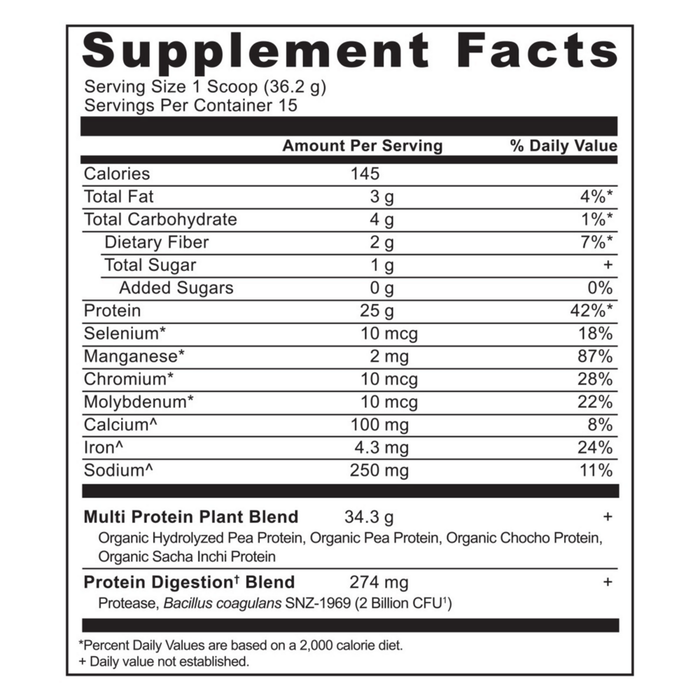 Ancient Nutrition Multi Protein Plant-Based Vanilla 15 servings supplement facts label