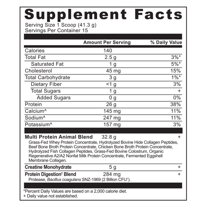 Ancient Nutrition Multi Protein + Creatine Dark Chocolate 15 servings supplement facts label