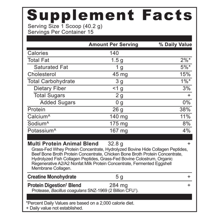Ancient Nutrition Multi Protein + Creatine Vanilla Bean 15 servings supplement facts label