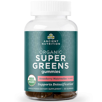 Ancient Nutrition Organic SuperGreens Strawberry Watermelon, 50 gummies, front of bottle