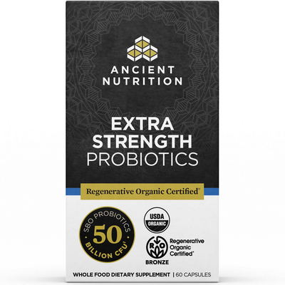 Ancient Nutrition Regenerative Organic Certified Extra Strength Probiotics 50B, 60 capsules, front of box