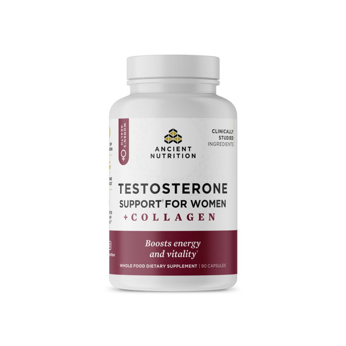 Ancient Nutrition Testosterone Support for Women + Collagen, 90 capsules, front of bottle