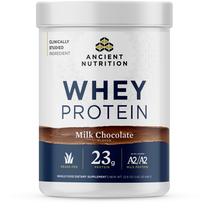 Ancient Nutrition Whey Protein Milk Chocolate, 22.8 oz, front of jar