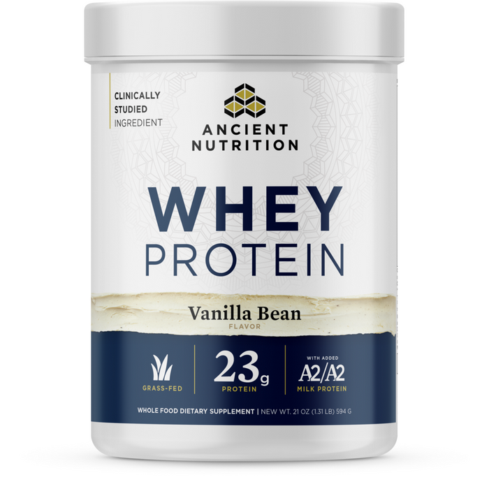 Ancient Nutrition Whey Protein Vanilla Bean, 21 oz, front of jar