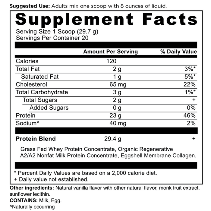 Ancient Nutrition Whey Protein Vanilla Bean 21 oz supplement facts label
